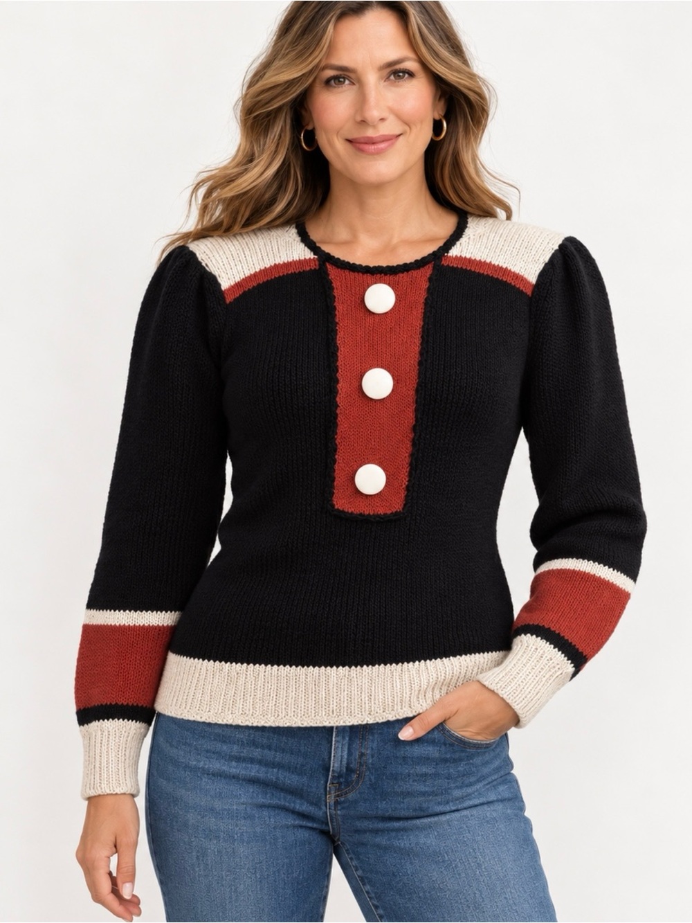 Vintage L’ Arc En Ciel Short Hills Women’s Sweater Sz S Black Cream Red Pullover